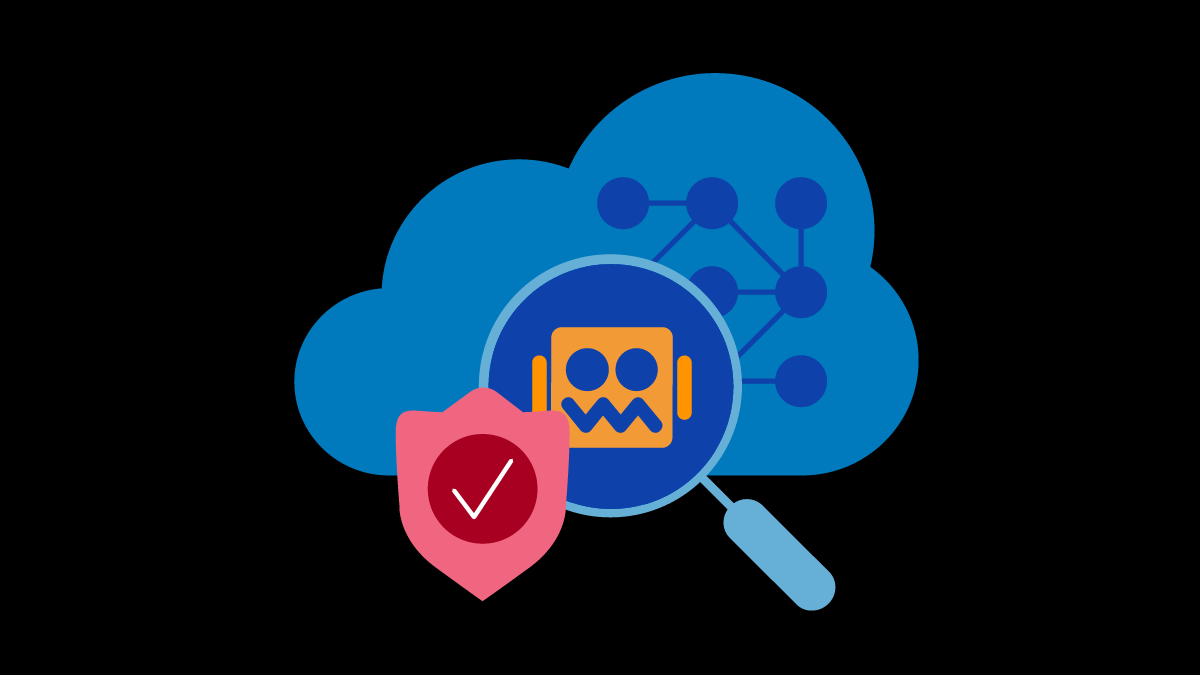 nuage avec bouclier et visage de robot dans une loupe