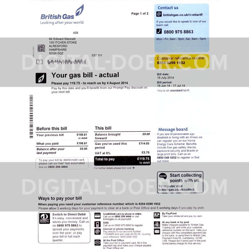 UK British Gas Bill (2)- Proof of address PSD template